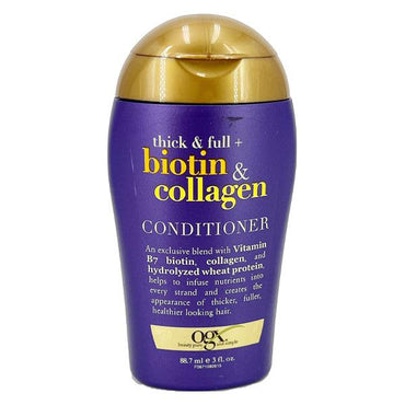 A purple and gold OGX Thick & Full + Biotin & Collagen Conditioner 3 oz bottle, sulfate free and featuring key ingredients, available in 3 or 6 packs.