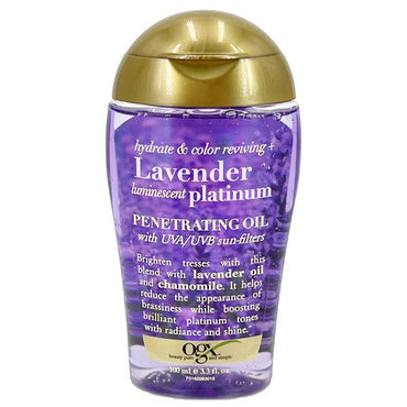 OGX Hydrate & Color Reviving + Luminescent Penetrating Oil, Lavender, in a 3 or 6 pack, hydrates and brightens blonde hair while offering color protection with UVA/UVB filters.