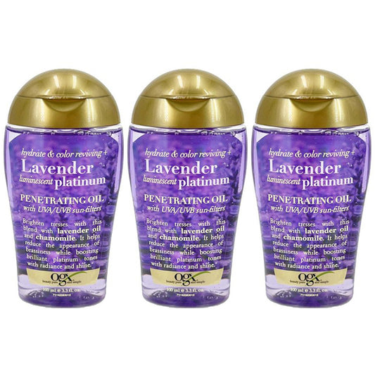 Three bottles of OGX Hydrate & Color Reviving + Luminescent Penetrating Oil, Lavender, 100ml each—ideal for color protection and brightening blonde hair. Comes in a 3-pack from OGX.
