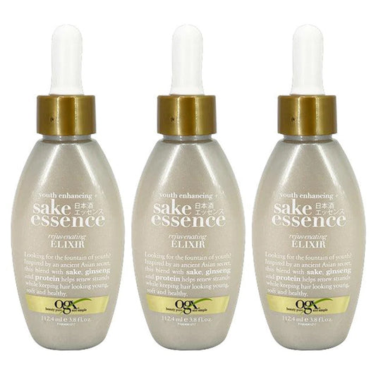 Three bottles of OGX Youth Enhancing + Sake Essence Rejuvenating Elixir with Droppers (3.8 fl oz each) are shown side by side against a white background—perfect for promoting youthful hair.