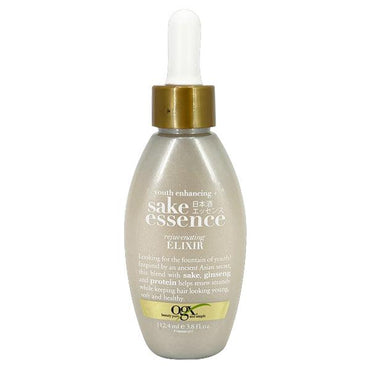 OGX Youth Enhancing + Sake Essence Rejuvenating Elixir with Dropper 3.8 fl oz is a sulfate-free hair treatment designed to promote naturally youthful hair, available in 3 or 6 pack options.