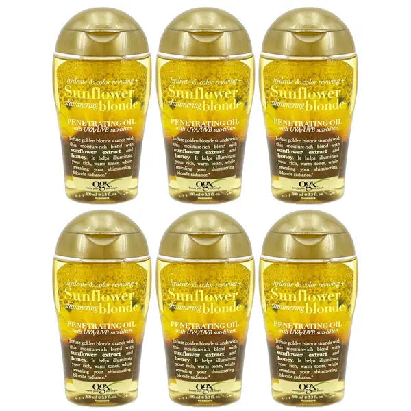 Six bottles of OGX Hydrate Color Reviving Sunflower Shimmering Blonde Penetrating Oil, each with elegant gold caps, are arranged in two rows of three. This is a 6-pack by OGX for hydrating and reviving blonde hair.