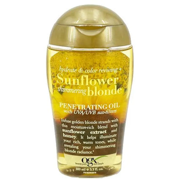 A bottle of OGX Hydrate Color Reviving Sunflower Shimmering Blonde Penetrating Oil, a moisture-rich blend by OGX with sunflower extract and honey to hydrate, revive color, and protect blonde hair from UV rays. Available in 3 or 6 packs.