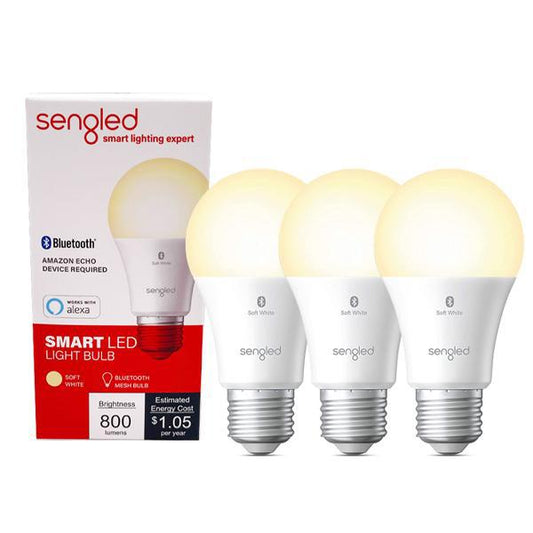 Three Sengled Smart Bulb Dimmable LED Bulbs (E26, 60W Equivalent, Soft White 800LM, 3-Pack) are shown by their box, highlighting Bluetooth Mesh features and Alexa compatibility for easy voice control.