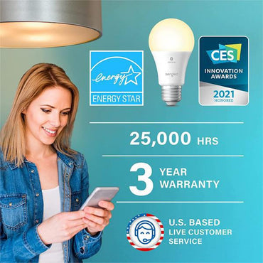 A woman uses her phone under a Sengled Smart Bulb Dimmable LED E26 (60W Eq., 800LM, 3 Pack). Text notes Alexa compatibility, 25,000-hour life, 3-year warranty, Energy Star rating, CES Award winner, and U.S. live support.