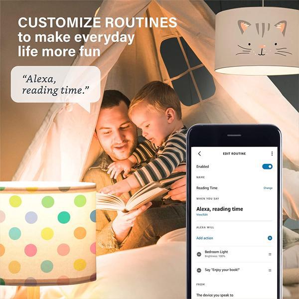 A father reads to his son in a cozy tent, the glow of Sengled Smart Bulb Dimmable LED Bulbs (E26, 60W Equivalent Soft White 800LM - 3 Pack) lighting the background as an Alexa routine appears on a smartphone.