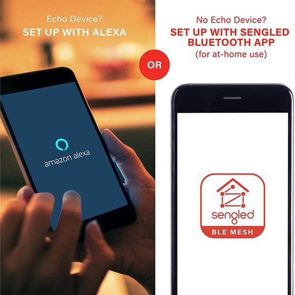 On the left, a phone shows the Amazon Alexa setup; on the right, another phone displays the Sengled Smart Bulb Dimmable LED Bulb E26 app screen.