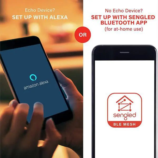 On the left, a phone shows the Amazon Alexa setup; on the right, another phone displays the Sengled Smart Bulb Dimmable LED Bulb E26 app screen.