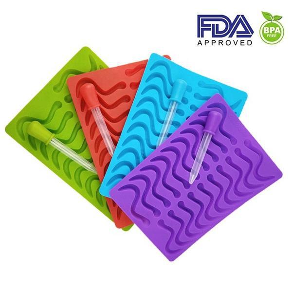 Deal Society’s Silicone Gummy Worm Mold 2 Pack includes green and red food-grade silicone molds with wavy grooves, a plastic dropper, and FDA Approved/BPA Free logos in the top right corner.