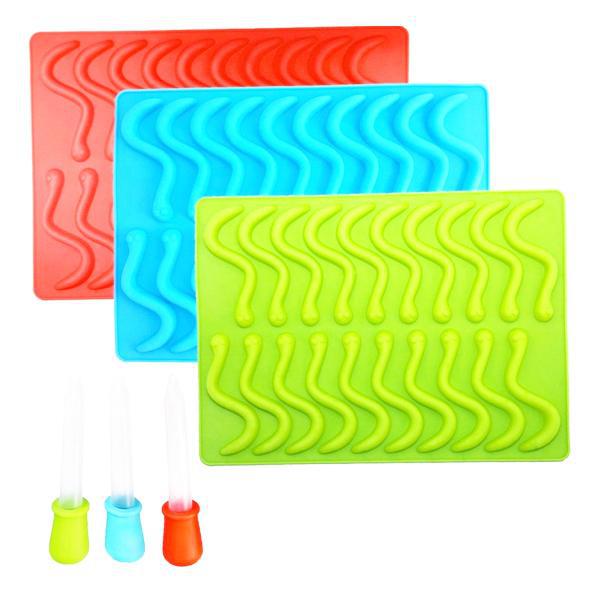 The Deal Society Silicone Gummy Worm Mold 2 Pack includes food-grade silicone molds in red and blue and three droppers with colored bulbs, making it easy to create custom candy or fruit snacks at home.