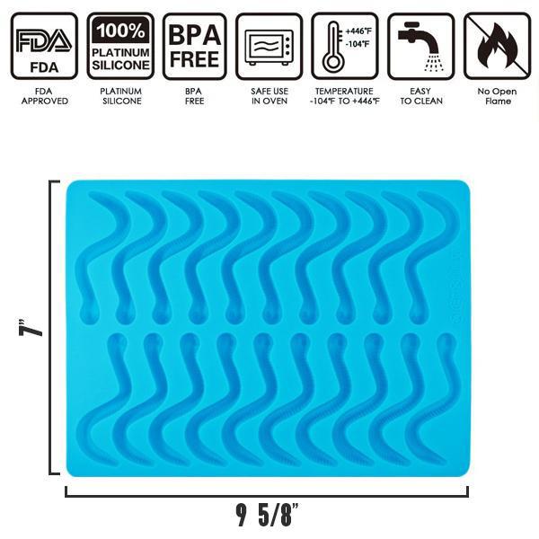 The Deal Society Silicone Gummy Worm Mold 2 Pack features blue, wavy-grooved, food-grade silicone trays (9 5/8x7), FDA approved, BPA free, heat safe, and easy to clean—ideal for candy or fruit snacks. Not for open flame.