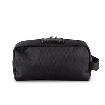 The Skunk DOPE Kit is a rectangular black travel pouch with a side handle, combination lock, and activated carbon lining for smell proof, odor proof, and water resistant storage.