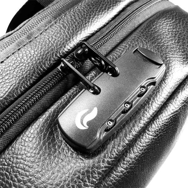 Close-up of the Skunk Elite Backpack, a black smell-proof and weather-proof storage bag with a combo lock, zipper security, and white flame logo for odor-free use from Skunk.