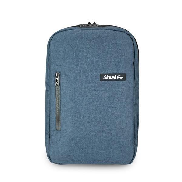 The Skunk Elite Backpack is a blue, rectangular, smell proof and weather proof stash bag with a front zippered pocket, top zipper, small Skunk logo patch, and combo lock. Its minimalist design features activated carbon for 100% odor proof storage.