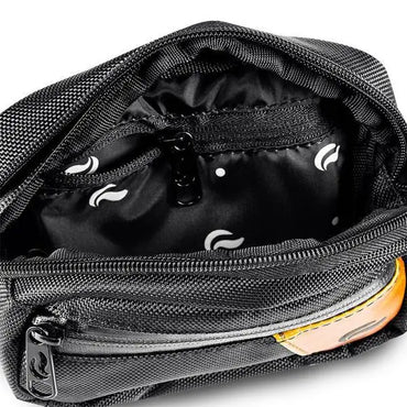 Close-up of a Skunk Hipster Bag Smell Proof Odor Proof Bag—open black pouch with a black lining featuring white curved and dot patterns, water-resistant material, zippered inner pocket, and a partial round orange patch.