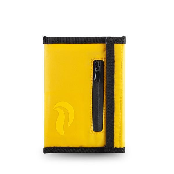 The Skunk RollUp 5.5 Smell Proof Bag, by Skunk, features a yellow design with black trim, a vertical zippered front pocket, subtle embossed logo, and a thermo isolated compartment for enhanced protection.