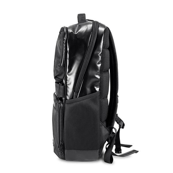 The Skunk SoHo Smell Proof Weather Proof Back Pack features a shiny black front, side zipper pocket, adjustable shoulder straps, top handle, and activated carbon lining for 100% odor protection, shown in side profile.
