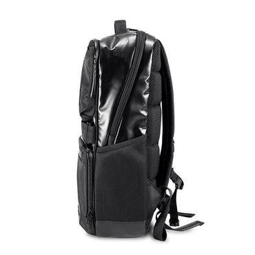 The Skunk SoHo Smell Proof Weather Proof Back Pack features a shiny black front, side zipper pocket, adjustable shoulder straps, top handle, and activated carbon lining for 100% odor protection, shown in side profile.