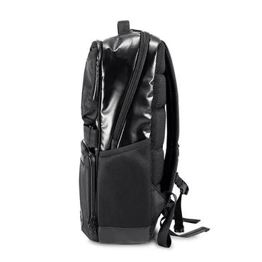 The Skunk SoHo Smell Proof Weather Proof Back Pack features a shiny black front, side zipper pocket, adjustable shoulder straps, top handle, and activated carbon lining for 100% odor protection, shown in side profile.