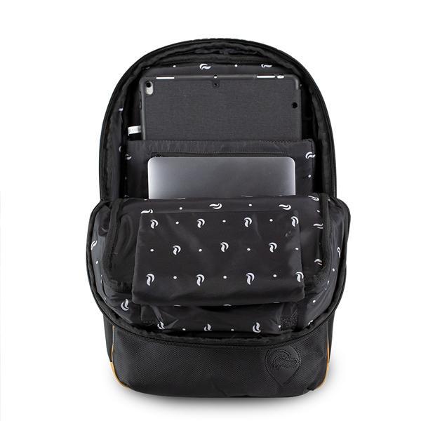 The Skunk SoHo Smell Proof Weather Proof Back Pack by Skunk is shown open, revealing an iPad, laptop, and a patterned inner lining with small white icons and activated carbon lining for 100% odor protection.