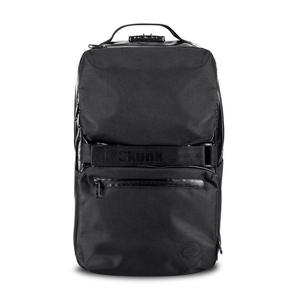 The Skunk SoHo Smell Proof Weather Proof Back Pack is a black rectangular storage stash bag with a top handle, front zipper pocket, horizontal Skunk strap, combo lock, and 100% odor-proof activated carbon lining.