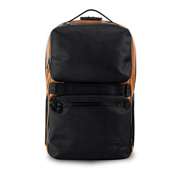 The Skunk SoHo Smell Proof Weather Proof Back Pack by Skunk features a rectangular black design with brown sides, two front zippered pockets, top handle, activated carbon lining for odor protection, and a combo lock, shown against a white background.