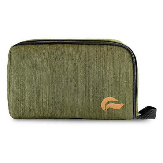The Skunk Travel Pack 10 Smell Proof Bag by Skunk is a rectangular olive green toiletry bag with a black zipper, black side loop handle, and a small tan logo in the lower right corner.