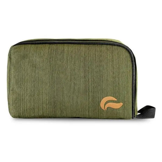 The Skunk Travel Pack 10 Smell Proof Bag by Skunk is a rectangular olive green toiletry bag with a black zipper, black side loop handle, and a small tan logo in the lower right corner.