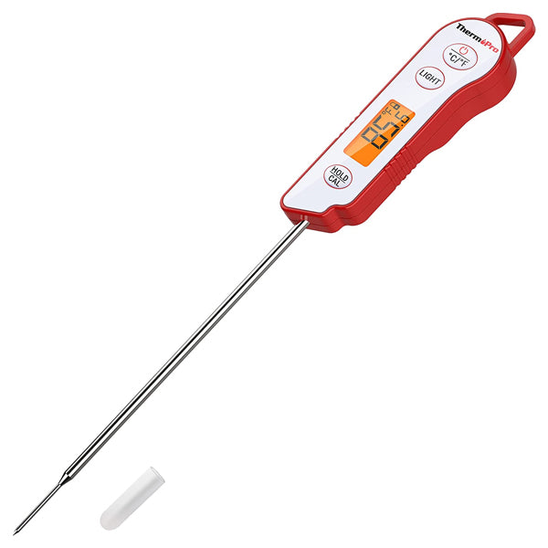 The ThermoPro TP15 Waterproof Instant Read Food Thermometer by ThermoPro, featuring a red handle, LCD display, stainless steel probe, and white probe cover, is shown.