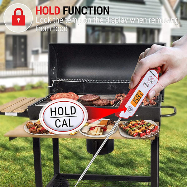 A hand checks grilled food with the ThermoPro TP15 Waterproof Instant Read Food Thermometer, featuring a “hold” function to lock temperature readings and a durable waterproof design for effortless cleaning.