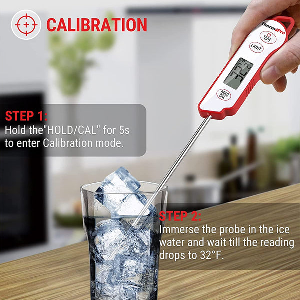 The ThermoPro TP15 Waterproof Instant Read Food Thermometer by ThermoPro is shown in a glass of ice water on a kitchen counter, with calibration instructions displayed, highlighting its waterproof feature.