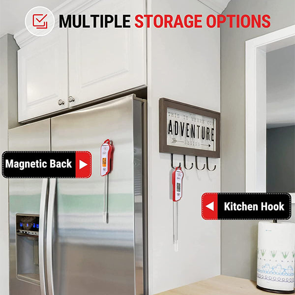 The ThermoPro TP15 Waterproof Instant Read Food Thermometer by ThermoPro features a magnetic back and hanging hole for easy storage on your refrigerator or kitchen hook, showcasing its waterproof design and versatile storage options.