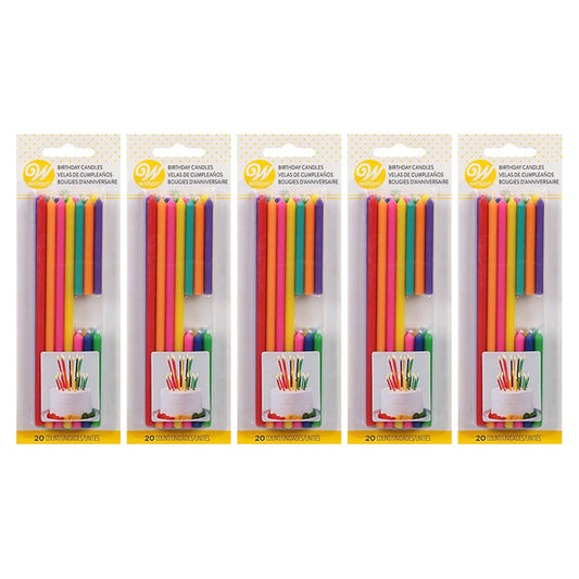 Five packs of Wilton Birthday Candles, Tall & Short, 20 count each, by Wilton—colorful candles with holders arranged upright in clear packaging.