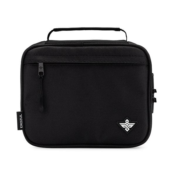The Erozul Exodus v2 Smell Proof Case by Erozul is a black rectangular bag with a top handle, front zipper pocket, activated carbon lining for odor control, combination lock, and a white logo in the bottom right corner.