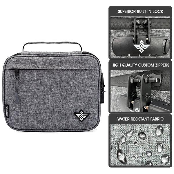 The Erozul Exodus v2 Smell Proof Case by Erozul features a front pocket, top handle, high-quality zippers, water-resistant fabric, and TSA-approved combination lock—ideal for travel and odor control.