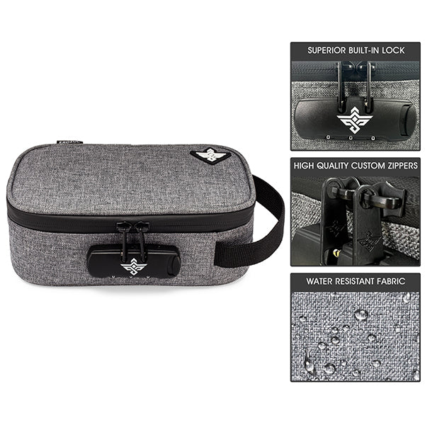 Erozul Genesis v2 Medium Smell Proof Case by Erozul features a combination lock, custom zippers, and handle; close-up insets showcase the lock, zipper detail, and water-resistant fabric with droplets.