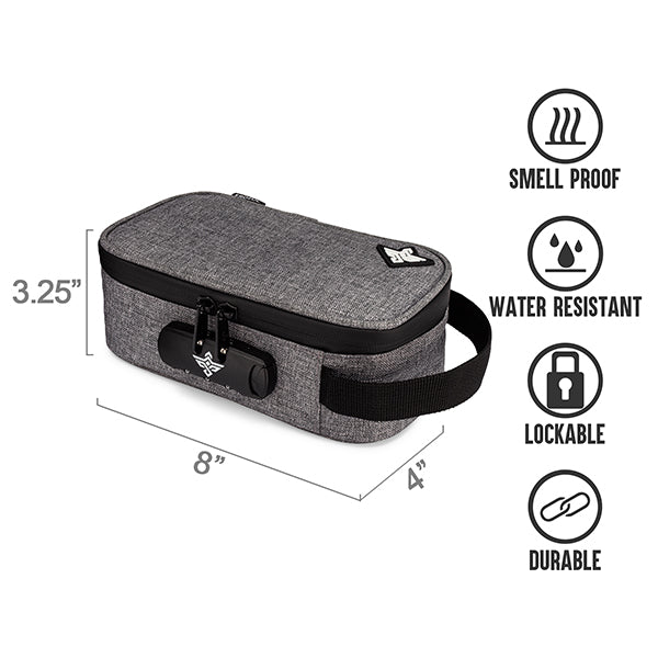 The Erozul Genesis v2 Medium Smell Proof Case by Erozul is a gray 8x4x3.25 zippered storage bag with a handle, water resistance, durability, and an anti-theft combination lock.