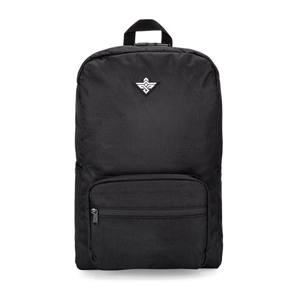 The Erozul Legend Smell Proof Back Pack by Erozul is black with a small white geometric logo, a front zippered pocket, and an anti-theft combination lock for added security.