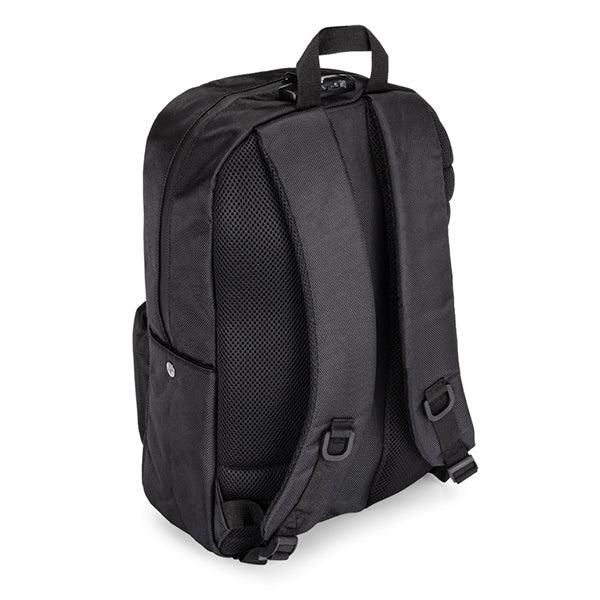 The Erozul Legend Smell Proof Back Pack with Combination Lock by Erozul is shown from the back, featuring two padded shoulder straps, a top handle, side pockets, and activated carbon lining for odor protection.