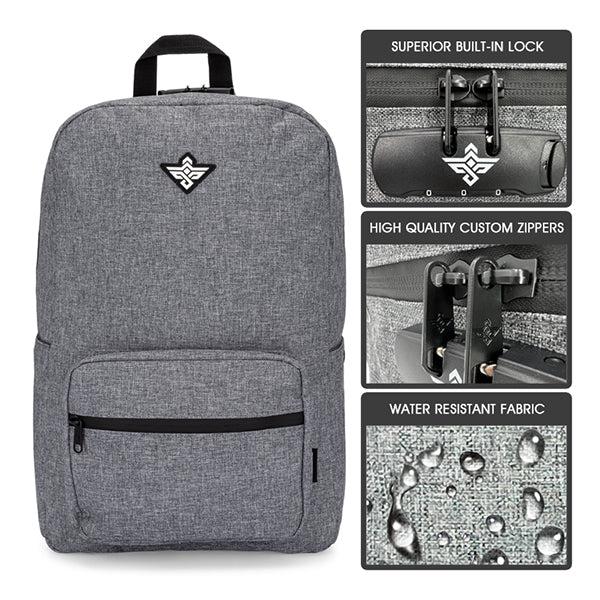 The Erozul Legend Smell Proof Backpack by Erozul features a front pocket, built-in combination lock, custom zippers, water-resistant fabric, and an activated carbon lining for odor control—highlighted in detailed close-up images.