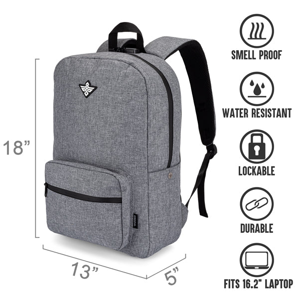The Erozul Legend Smell Proof Back Pack by Erozul measures 18x13x5, fits up to a 16.2 laptop, and features activated carbon lining, water resistance, a combo lock, lockable zippers, and durable construction.