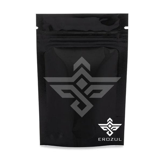 The Erozul Black Mylar Bags 1/8 oz - 25 Pack features a matte black resealable pouch with moisture-resistant Mylar, a geometric logo, and EROZUL in white at the bottom right corner.