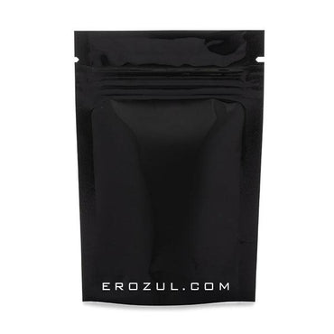 The Erozul Black Mylar Bags 1/4 oz - 25 Pack are moisture-resistant, stand-up pouches with a resealable top and EROZUL.COM printed in white at the bottom.