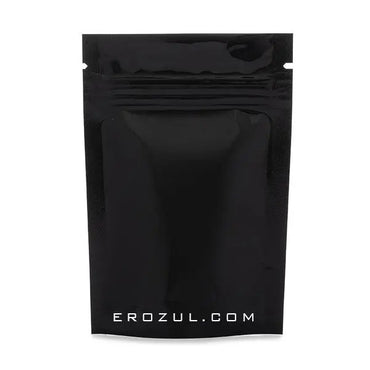 Erozul Black Mylar Bags 1/8 oz - 25 Pack by Erozul feature a matte black moisture-resistant resealable pouch with EROZUL.COM in white near the bottom, ideal for preserving freshness and quality.