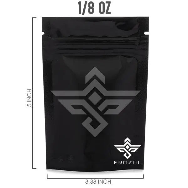 The Erozul Black Mylar Bags 1/8 oz - 25 Pack feature moisture resistant, resealable packaging measuring 5 x 3.38, with “1/8 oz” at the top and EROZUL branding on the bottom right.