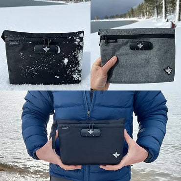 Three images of the Erozul Orion Smell Proof Bag With Combination Lock 11 by Erozul, shown in different colors and settings: on snow, held by hands, and held by a person in a blue jacket near a lake.