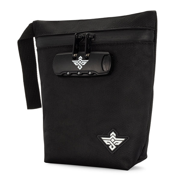 The Erozul Orion Smell Proof Bag With Combination Lock 7 is a black, rectangular pouch featuring textured material, a water-resistant finish, an anti-theft lock, and a white geometric logo on the front.