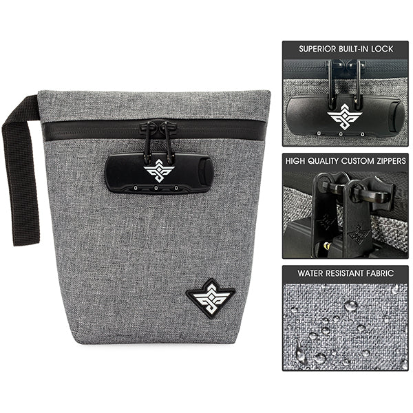 The Erozul Orion Smell Proof Bag With Combination Lock 7 by Erozul features water-resistant fabric, high-quality custom zippers, and an anti-theft lock. Three close-up inset images showcase these key features.