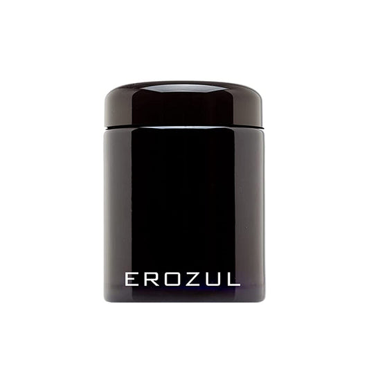The Erozul 100ml Screw Top Wide Mouth Glass UV Jar is a black, cylindrical, smell-proof jar with an airtight lid and white EROZUL branding on the front.