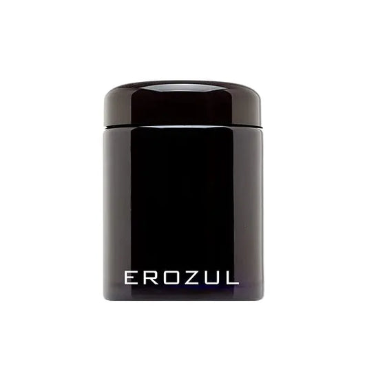 The Erozul 100ml Screw Top Wide Mouth Glass UV Jar is a black, cylindrical, smell-proof jar with an airtight lid and white EROZUL branding on the front.